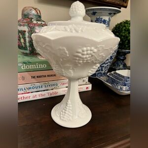 Milk glass footed candy dish with lid Indiana grape leaf harvest